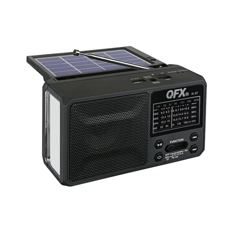 QFX R-37 3-In-1 Rechargeable AM/FM/SW1-SW4 6-Band Solar Radio +Flashlight+USB/SD